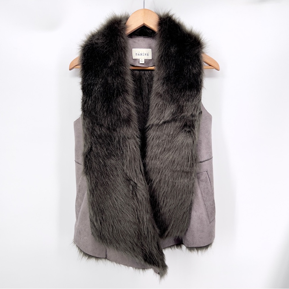 Sabine Faux Fur Draped Vest Taupe Gray Faux Suede Open Front Mob Wife Apres Ski